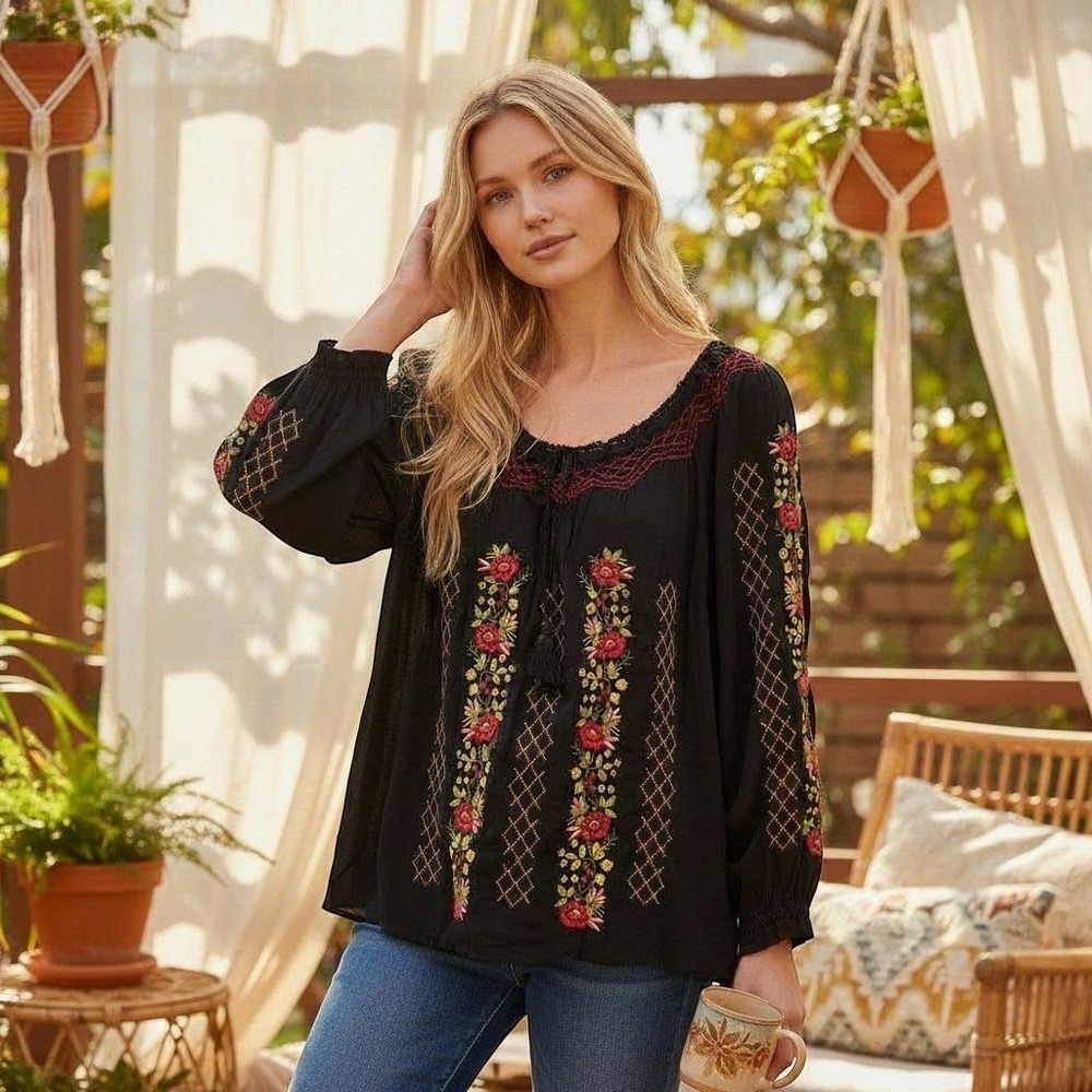 J. Jill Embroidered Peasant Blouse Womens L Black Floral Tassel Boho Top L